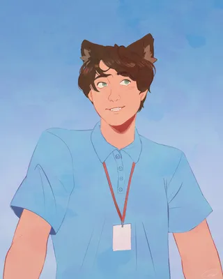 Art by @Bird_bb_. Portrait of Fred with cat ears and a blue polo. Digital Illustration.